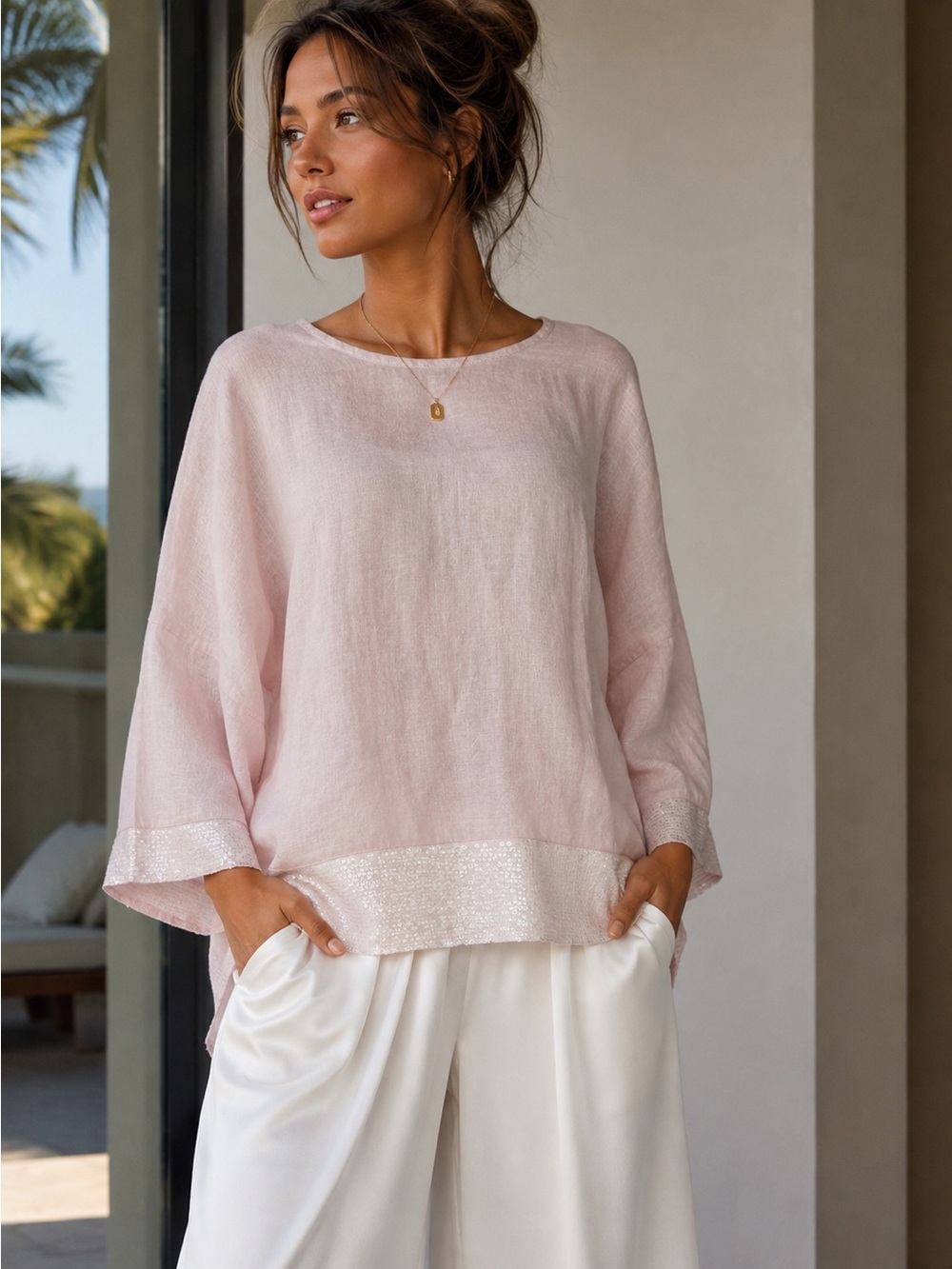 100% Linen Blush Pink Sequin Tunic Top L Boho Belle Amie Italy Oversized Cruise